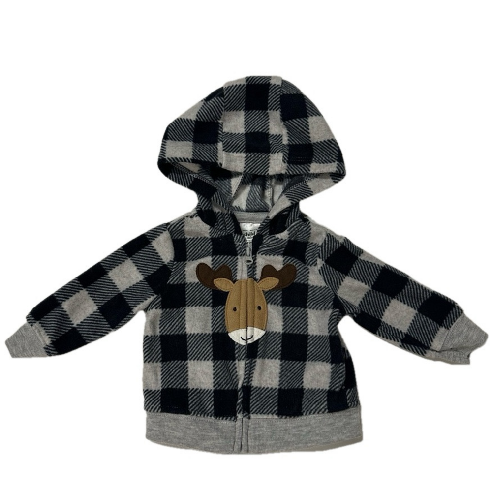 4/20$ Black & grey plaid baby zip up hoodie with moose size newborn